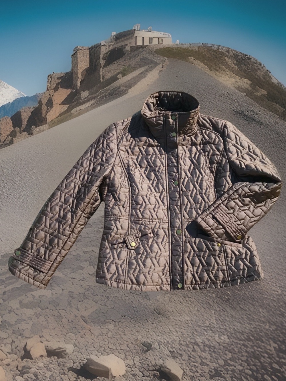 Weatherproof Women’s Taupe Quilted Jacket Coat L Zip Snap Soft Shell High Neck